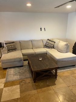Large Beige Fabric Sectional Sofa with Chaise