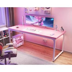 63 Inch Computer Desk for Home Office, Study Writing Table for Small Spaces, Simple Modern Desk with Headphone Hooks, pink  Customizable Ve