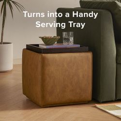 Storage ottoman with reversible tray, modern square trunk-type coffee table