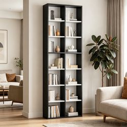 7 Tier Tall Bookshelf With 14 Cubes, Double Narrow Bookcase With 6 Adjustable Shelves, Space Saving