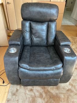 Gray Leather Power Recliner Chair with Cup Holders