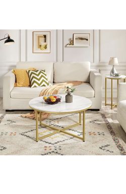 Modern Marble Coffee Table, Faux Accent Round Table Cocktail Table w/X-Base & Sturdy Metal Legs & Protective Foot Pads for Living Room, Mustard Gold