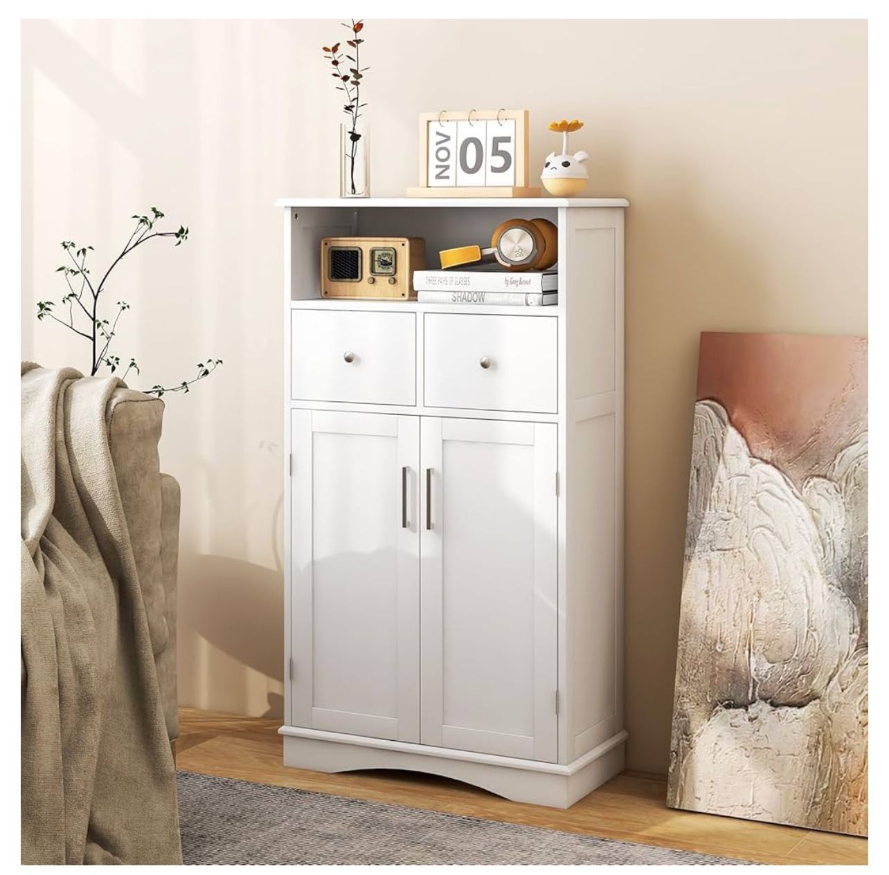 Giantex Bathroom Floor Storage Cabinet - Freestanding Storage Cabinet with 2 Doors, 2 Drawers, 2 Adjustable Shelves, Storage Organizer for Living Room
