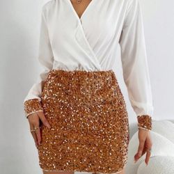 Sparkly V-Neck Long Sleeve Dress For  Party Clothes Sequin