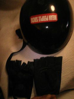 Helmet and leather gloves