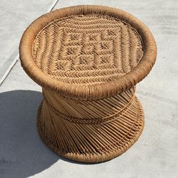 1960s Vintage Round Hand Woven Bamboo Rattan Reed Rope Drum Side Table