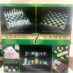 NEW 7 in 1 Glass Chess Checkers & Backgammon Sets + Cribbage Dominoes Cards Game