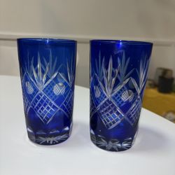 Set of 2 Cobalt Blue Cut-to-Clear Glass Tumblers