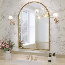 NEW 30" x 22" Antique Gold Beaded Floral Frame Arched Mirror - Brass Arch Mirror - $100 Retail