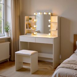 Homy Casa Slan 35" Glossy White Vanity Desk with 7 Color LED Mirror and Stool Makeup Vanity Desk for Bedroom Apartment