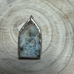 Antique Stone Buddah Pendant Set In Silver Toned bezel 