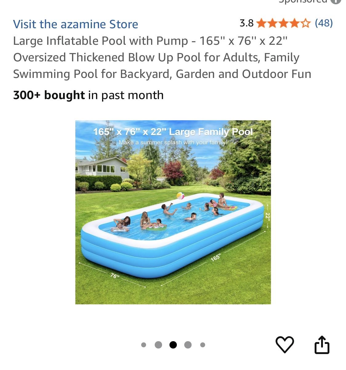 Large Inflatable Pool with Pump 165'' x 76'' x 22''