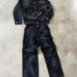Black denim jacket and jeans set #denimset