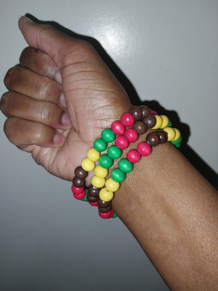 Red, Green, Yellow & Brown Wood Bead Bracelets