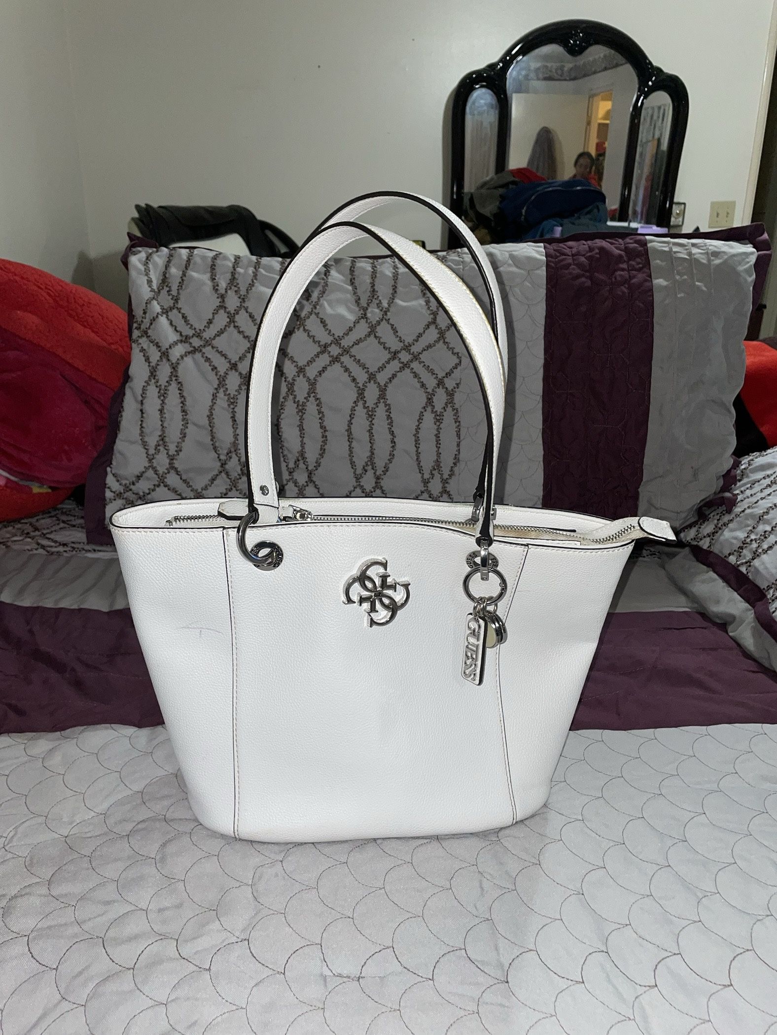 GUESS White Leather Tote Bag