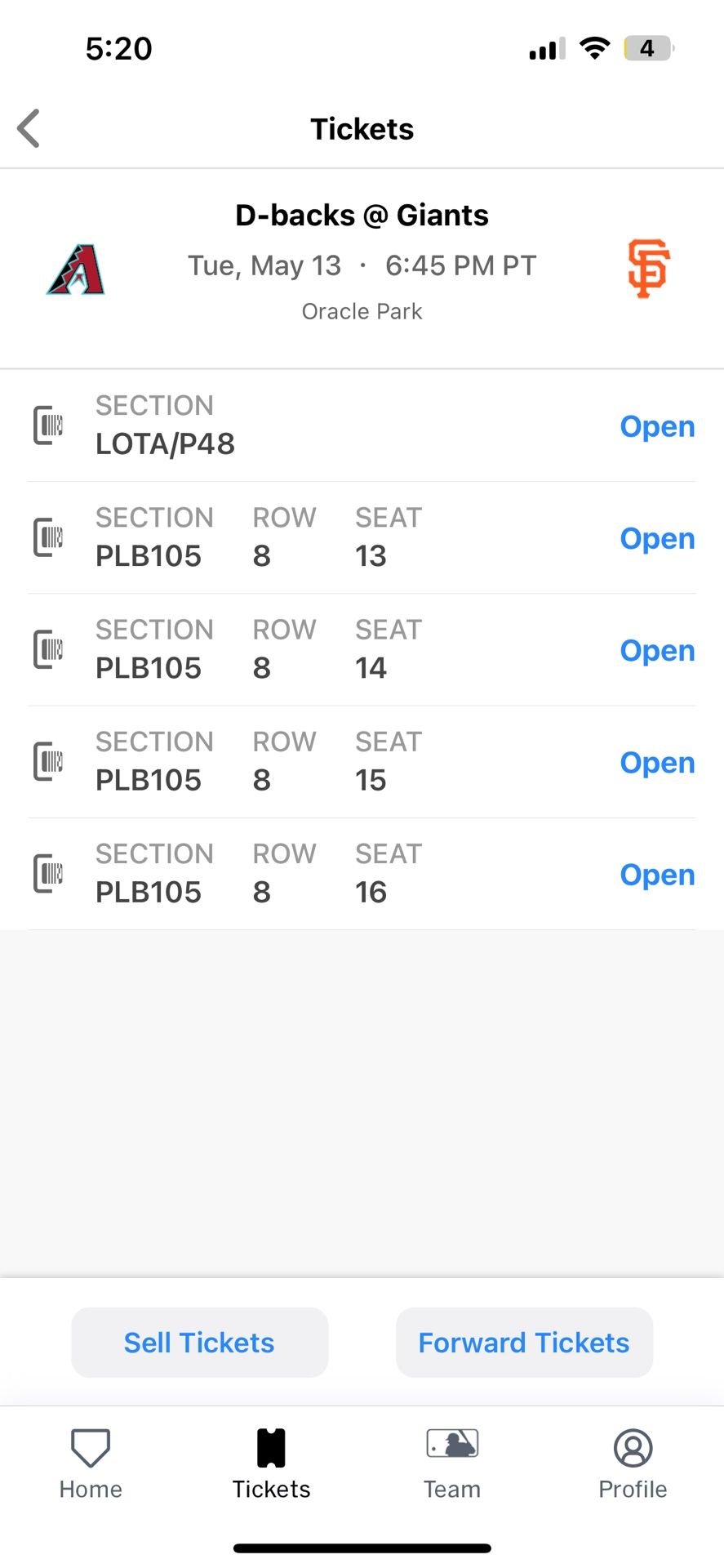 4 Tickets To Giants Game Vs Diamondbacks Tonight 5/13