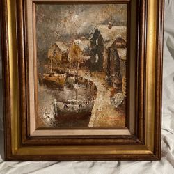 Hand Painted Picture Of A Canal With Houses  & Boats