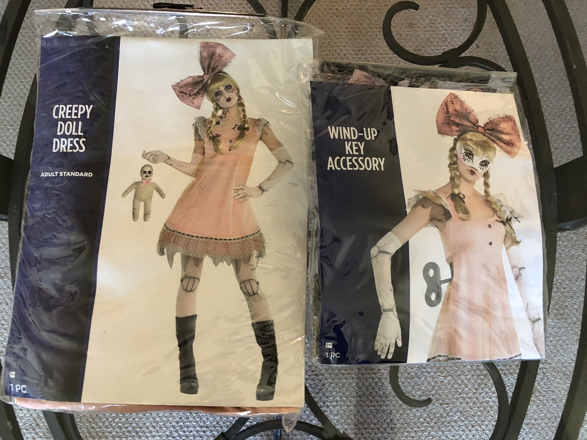 Party City-Creepy Doll Dress-3 Pc Halloween Costume-Dress Wind Up Key-Hair Band w. Bow-Adult Standard