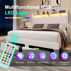 Full Size Platform Bed Frame with 2-Tier LED Storage Velvet Wingback Headboard & 2 Storage Drawers, USB & Type-C Charging Ports, White