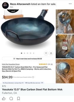 Yosukata 13.5" Blue Carbon Steel Flat Bottom Wok