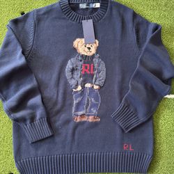 NWT Polo Ralph Lauren Blue RL MONOGRAM TURTLENECK BEAR Cotton Crewneck Sweater