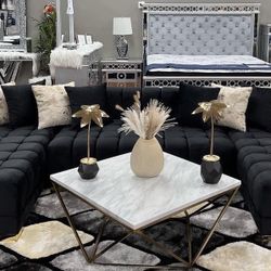 New Black Velvet Sectional Double Chaise