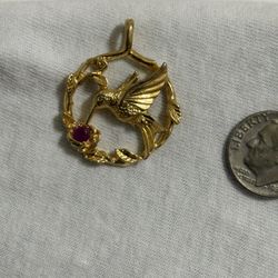 Signed JJI Gold Hummingbird Ruby Rhinestone Pendant