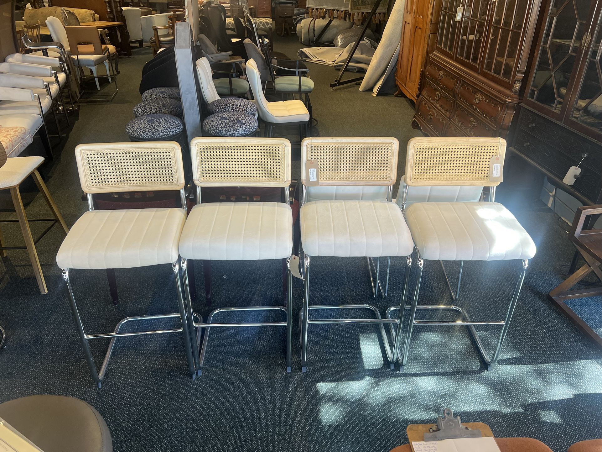 BAR STOOL: Bar stool * white fabric seat cane back light wood finish chrome base SKU WVH976