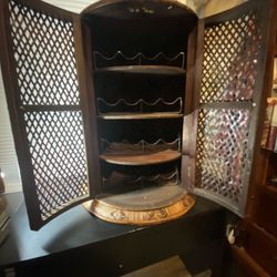 Antique Rattan Double Door Wine Rack & Table