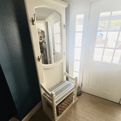 Antique- Hall Tree With Bench And Mirror