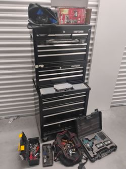Craftsman rolling tool cart, box, impact gun,new,air drill, assorted tools