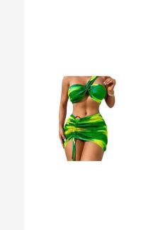 Milumia Women's 3 Pcs Tie Dye One Shoulder Ruched Bikini Set with Beach Skirt Green Medium