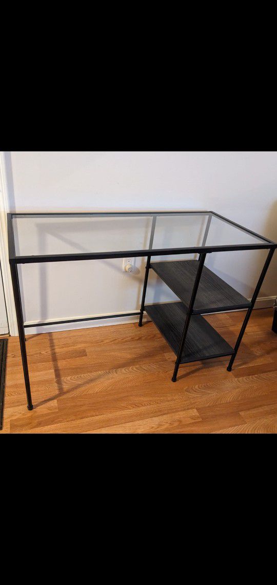 Glass Metal Table With Wood Shelves