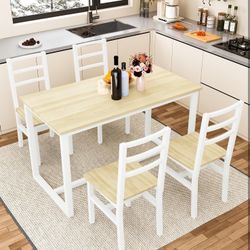 5-Piece Dining Table Set for 4, Wood Kitchen Table and Chairs Set, Wood Dining Room Table Dinette Set for Small Spaces, Natural+White