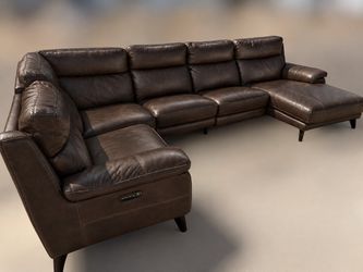 Small brown/ black leather sectional with chaise lounge - delivery available