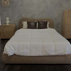 Modern Japandi Curved Headboard Storage Bed – Nude Brown | Queen & King 🛏️. ( FREE local delivery 🚚)