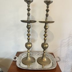 Large (30in) Pair Vintage Brass Candlestick Holders 
