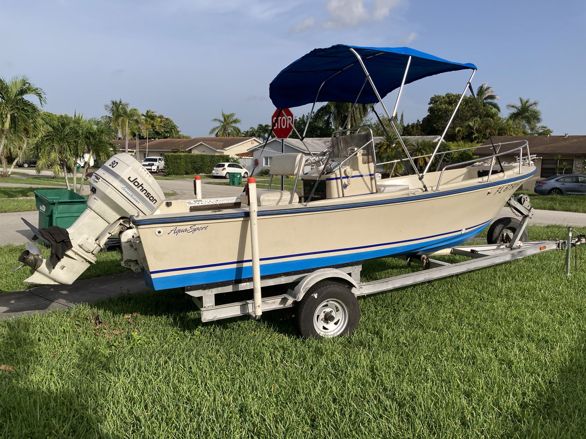 Aqua Sport 17’ With Johnson 90 HP , 27 Gallons Gas Tank,Aluminum Trailer With New Lights, Bimini Top Ready To Fish Kendall West Area 