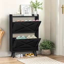 Shoe Storage Cabinet, Shoe Storage Organizer with 2 Flip-Out Drawers, Modern Two-Tier Freestanding Shoe Rack Cabinet for Entryway, Hallway, Living Roo