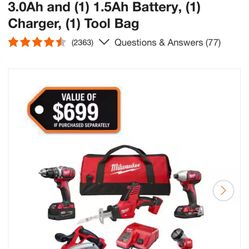 M18 18V Lithium-Ion Cordless Combo Kit (5-Tool) with (1) 3.0Ah and (1) 1.5Ah Battery, (1) Charger, (1) Tool Bag