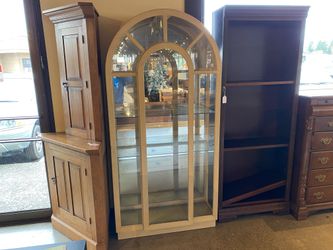 Arched Light Wood Curio Cabinet with Glass Shelves