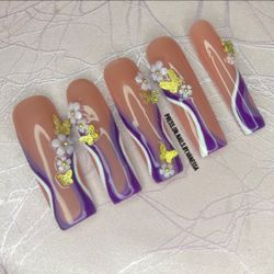 Extra long square light dark purple white press on nails butterflies flowers 