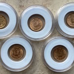 AMAZING (5) MEXICAN GOLD 22 KARAT COINS UNCIRCULATED 1945 DOS PESOS 