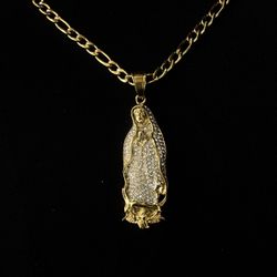 Stainless Steel Figaro Chain Necklace With Virgin Mary Pendent 