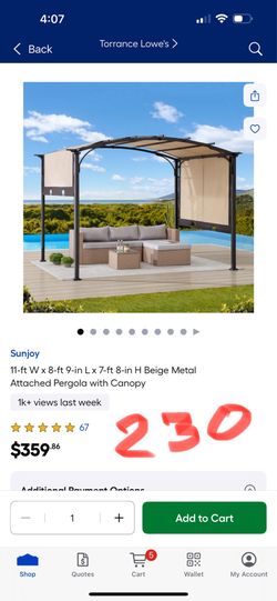 Sunjoy 11-ft W x 8-ft 9-in L x 7-ft 8-in H Beige Metal Attached Pergola with Canopy