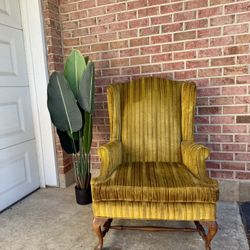 Green and Gold Velvet Wingback Chair with Carved Wood Legs 
