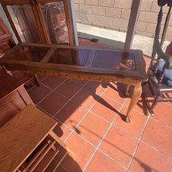 Vintage Glass-Top Wood Credenza  with Carved  Details  Elegant Accent Piece