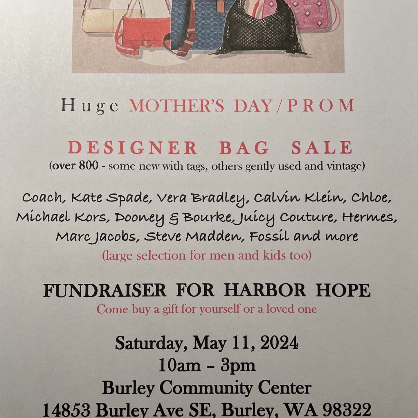 Huge Designer Purse Sale - $5 - $120 - Fundraiser For Harbor Hope
