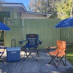 Party On The Patio Or At The Beach, 3 Chairs, 2 Umbrellas, And Coleman Cooler