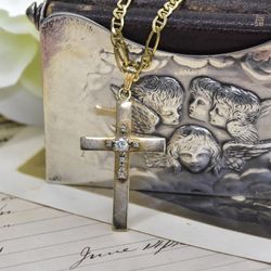 Large 14k gold & diamond cross on 20” chain